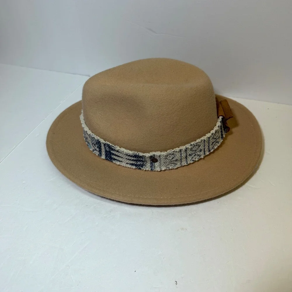 Original Brand Camel Tan 100% Wool Wide Brim Fedora Hat with Tapestry Band